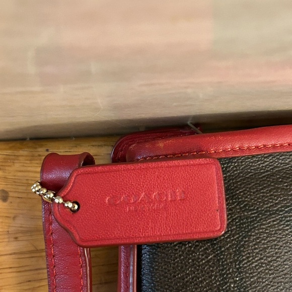 Coach Signature Coated Canvas Dark Brown and Red Crossbody Bag - Picture 5 of 16